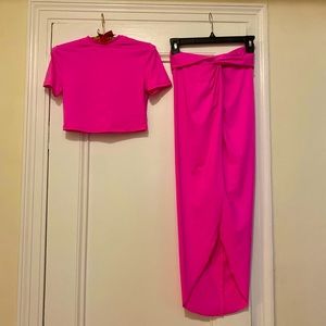 SKIMS Barbie pink swim co-cord. Twisted waist band, high slit, crop top.